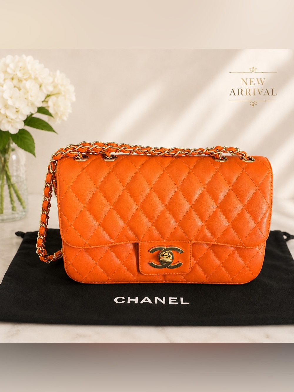 🧡✨Classic Double Flap Medium Shoulder Bag – Orange Lambskin Leather ✨🧡